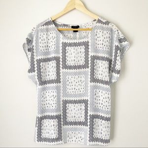 Ann Taylor Patterned Patchwork White Blue Top